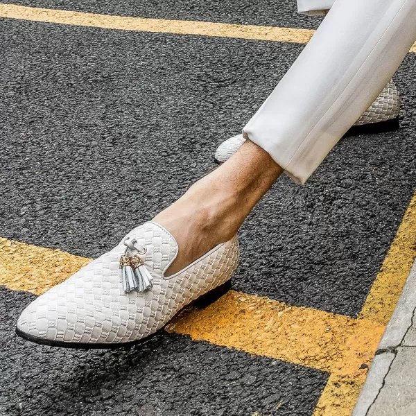 Meijiana Men Faux Leather Noble Loafer Shoes Slipon Loafer Smoking Slipper Tassel LoaferWhite04