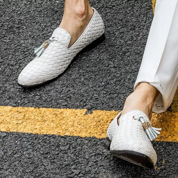 Meijiana Men Faux Leather Noble Loafer Shoes Slipon Loafer Smoking Slipper Tassel LoaferWhite04