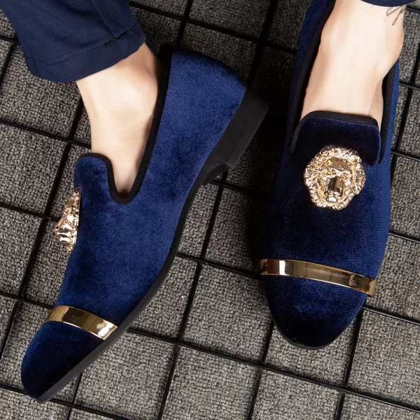 Meijiana Mens Loafers Velvet Shoes Metal Eagle Buckle Wedding Party Smoking Slipper Dress Loafers Shoes for MenBlue10