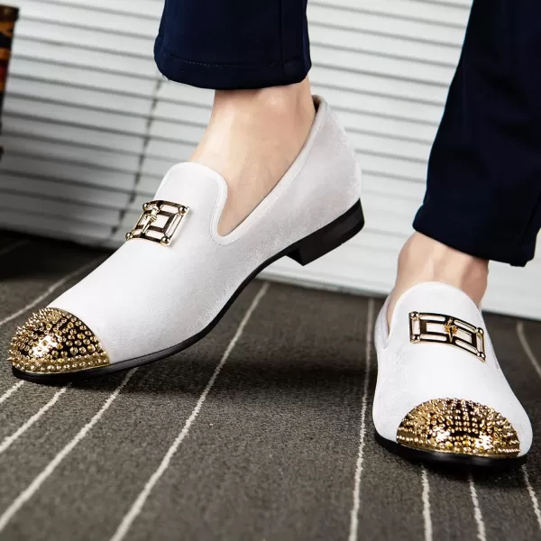 Meijiana Mens Loafers Velvet Shoes Metal Eagle Buckle Wedding Party Smoking Slipper Dress Loafers Shoes for MenWhite03