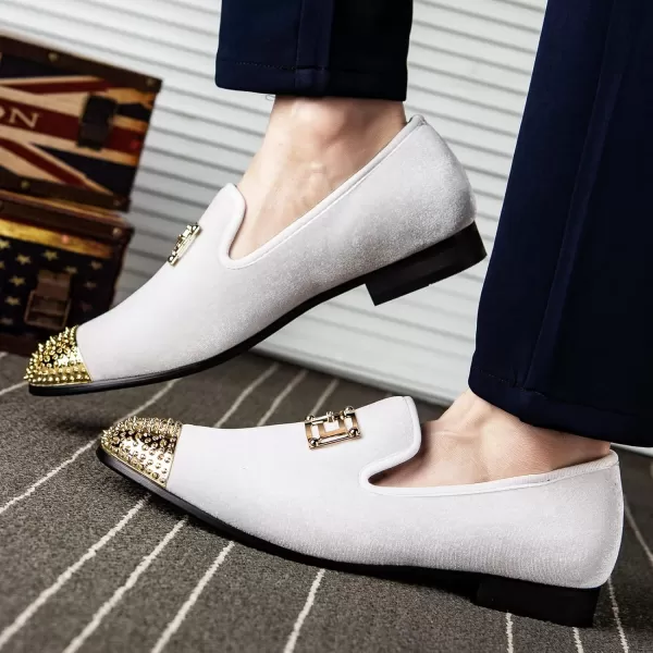 Meijiana Mens Loafers Velvet Shoes Metal Eagle Buckle Wedding Party Smoking Slipper Dress Loafers Shoes for MenWhite03