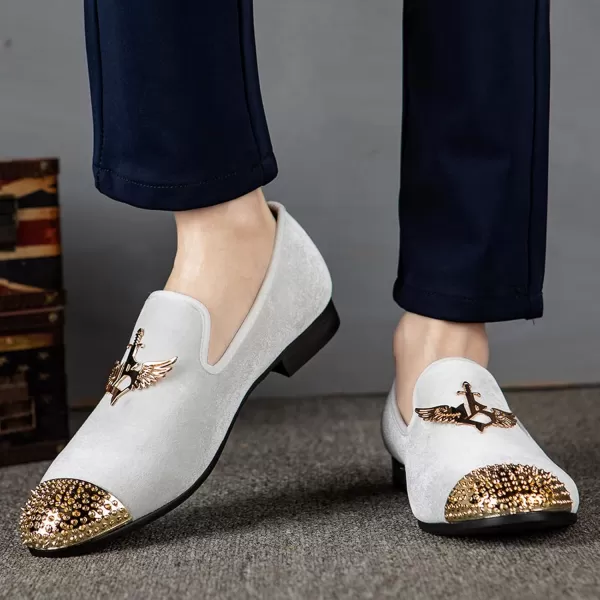 Meijiana Mens Loafers Velvet Shoes Metal Eagle Buckle Wedding Party Smoking Slipper Dress Loafers Shoes for MenWhite06