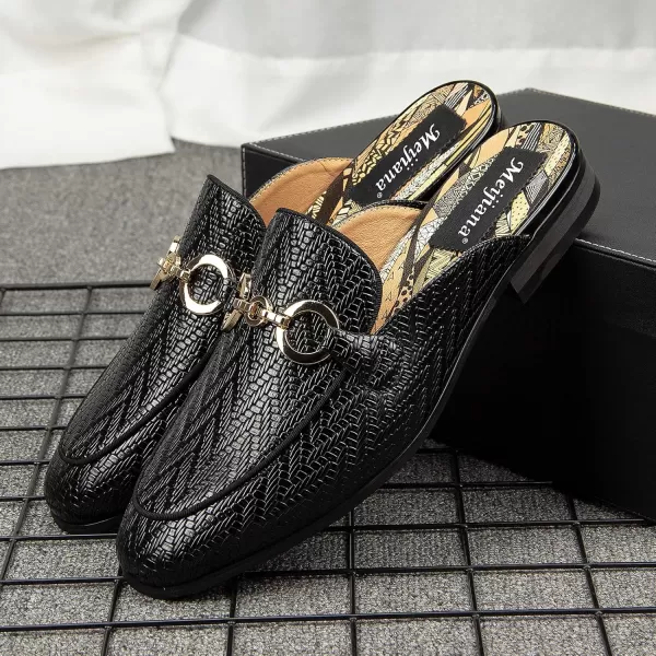 Meijiana Mens Slippers SlipOn Loafers Leather Formal Wear Casual Open Back SandalsBlack01