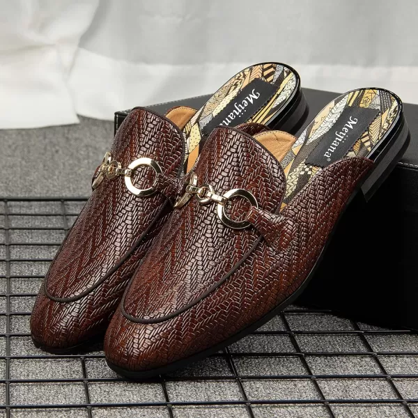 Meijiana Mens Slippers SlipOn Loafers Leather Formal Wear Casual Open Back SandalsBrown02