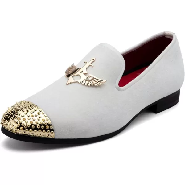Meijiana Mens Loafers Velvet Shoes Metal Eagle Buckle Wedding Party Smoking Slipper Dress Loafers Shoes for MenWhite06