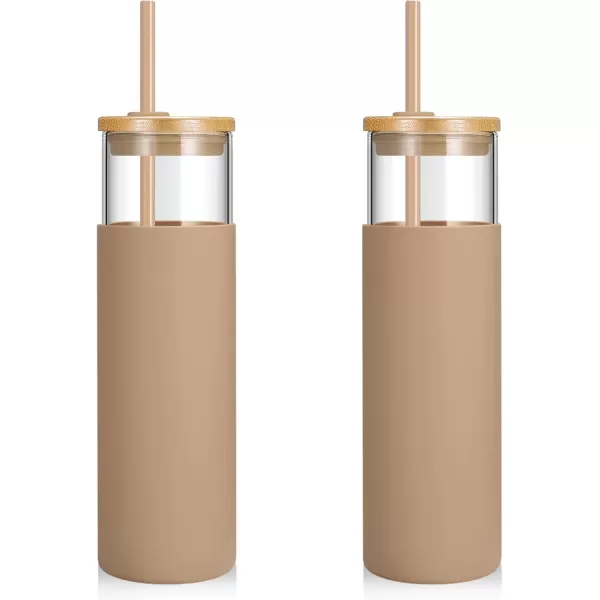 Tronco 16 oz Glass Tumbler with Straw and Bamboo Lid Iced Coffee Cup Reusable Smoothie Cups Tumbler with Silicone Protective Sleeve  BPA FreeAmber2 Pack