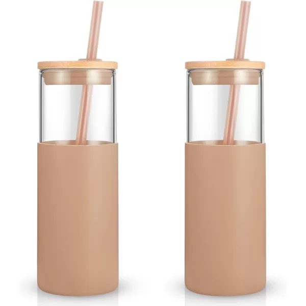 Tronco 16 oz Glass Tumbler with Straw and Bamboo Lid Iced Coffee Cup Reusable Smoothie Cups Tumbler with Silicone Protective Sleeve  BPA FreeAmber2 Pack