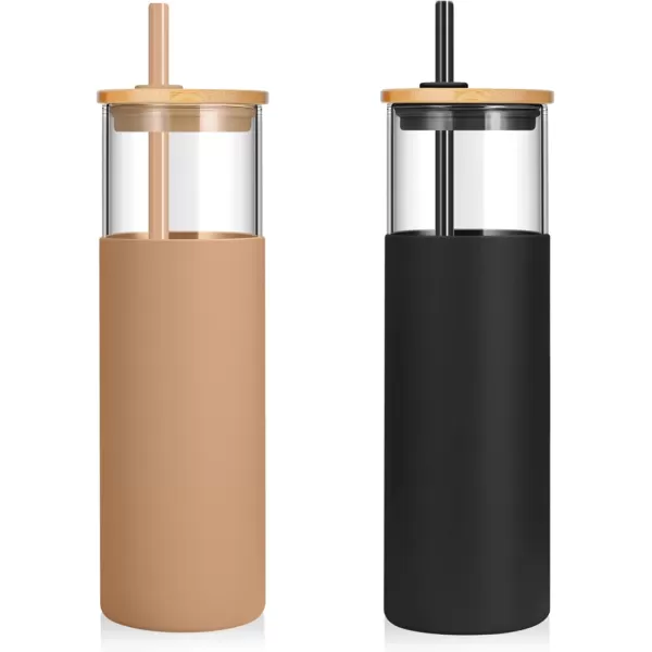 Tronco 16 oz Glass Tumbler with Straw and Bamboo Lid Iced Coffee Cup Reusable Smoothie Cups Tumbler with Silicone Protective Sleeve  BPA FreeBlack Amber