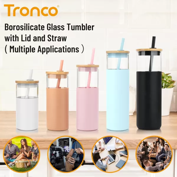 Tronco 16 oz Glass Tumbler with Straw and Bamboo Lid Iced Coffee Cup Reusable Smoothie Cups Tumbler with Silicone Protective Sleeve  BPA FreeBlack2 Pack