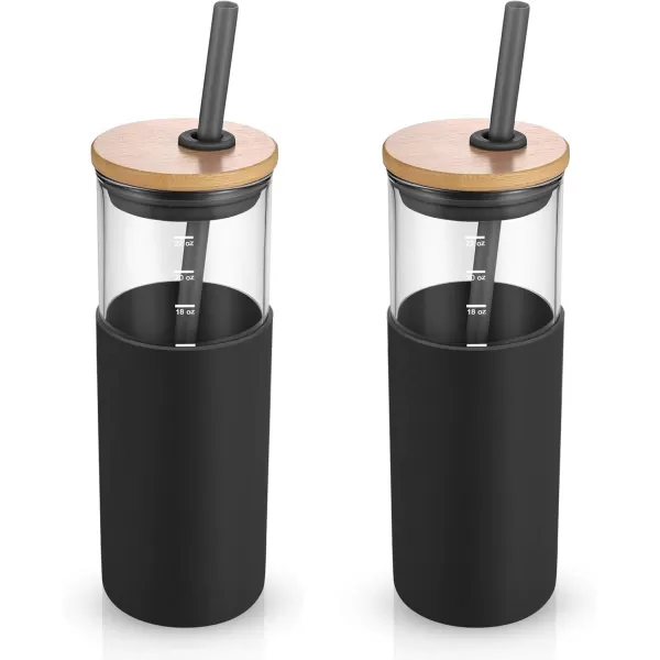 Tronco 16 oz Glass Tumbler with Straw and Bamboo Lid Iced Coffee Cup Reusable Smoothie Cups Tumbler with Silicone Protective Sleeve  BPA FreeBlack2 Pack