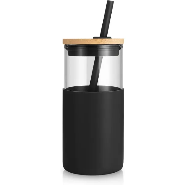 Tronco 16 oz Glass Tumbler with Straw and Bamboo Lid Iced Coffee Cup Reusable Smoothie Cups Tumbler with Silicone Protective Sleeve  BPA FreeBlack2 Pack
