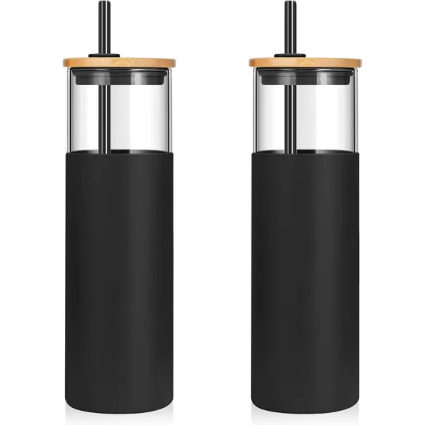 Tronco 16 oz Glass Tumbler with Straw and Bamboo Lid Iced Coffee Cup Reusable Smoothie Cups Tumbler with Silicone Protective Sleeve  BPA FreeBlack2 Pack