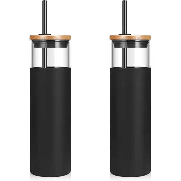 Tronco 16 oz Glass Tumbler with Straw and Bamboo Lid Iced Coffee Cup Reusable Smoothie Cups Tumbler with Silicone Protective Sleeve  BPA FreeBlack2 Pack