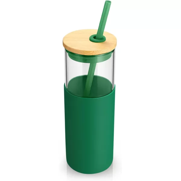 Tronco 16 oz Glass Tumbler with Straw and Bamboo Lid Iced Coffee Cup Reusable Smoothie Cups Tumbler with Silicone Protective Sleeve  BPA FreeBlackish Green