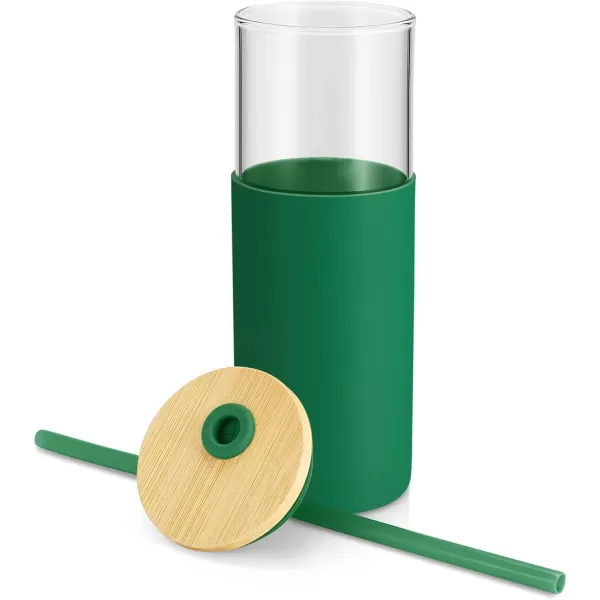Tronco 16 oz Glass Tumbler with Straw and Bamboo Lid Iced Coffee Cup Reusable Smoothie Cups Tumbler with Silicone Protective Sleeve  BPA FreeBlackish Green