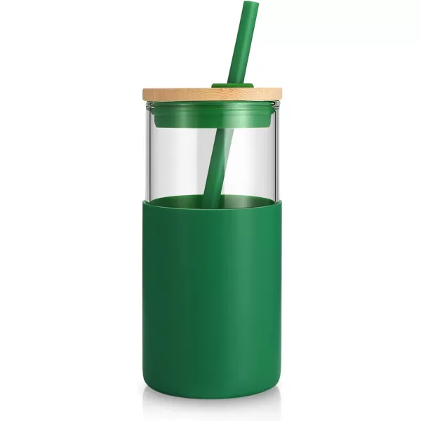 Tronco 16 oz Glass Tumbler with Straw and Bamboo Lid Iced Coffee Cup Reusable Smoothie Cups Tumbler with Silicone Protective Sleeve  BPA FreeBlackish Green