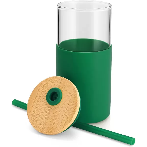 Tronco 16 oz Glass Tumbler with Straw and Bamboo Lid Iced Coffee Cup Reusable Smoothie Cups Tumbler with Silicone Protective Sleeve  BPA FreeBlackish Green