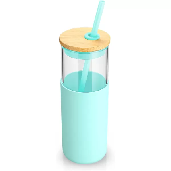 Tronco 16 oz Glass Tumbler with Straw and Bamboo Lid Iced Coffee Cup Reusable Smoothie Cups Tumbler with Silicone Protective Sleeve  BPA FreeBlessed Blue