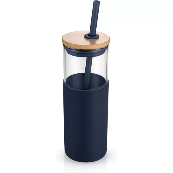 Tronco 16 oz Glass Tumbler with Straw and Bamboo Lid Iced Coffee Cup Reusable Smoothie Cups Tumbler with Silicone Protective Sleeve  BPA FreeBlue Horizon