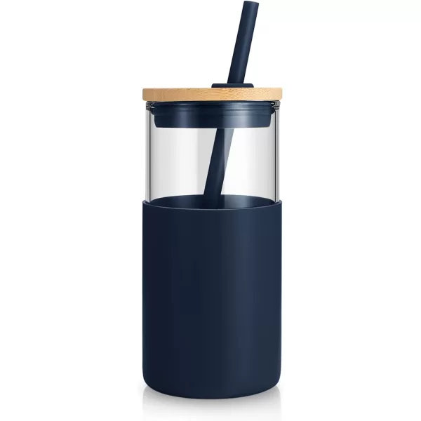 Tronco 16 oz Glass Tumbler with Straw and Bamboo Lid Iced Coffee Cup Reusable Smoothie Cups Tumbler with Silicone Protective Sleeve  BPA FreeBlue Horizon