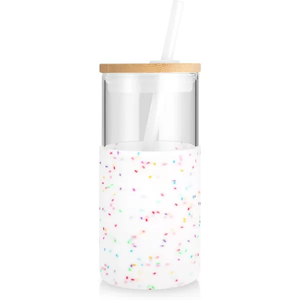 Tronco 16 oz Glass Tumbler with Straw and Bamboo Lid Iced Coffee Cup Reusable Smoothie Cups Tumbler with Silicone Protective Sleeve  BPA FreeColored spots