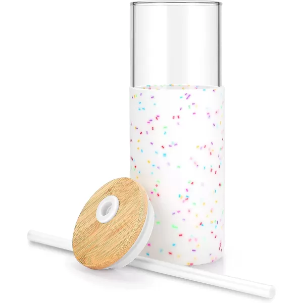Tronco 16 oz Glass Tumbler with Straw and Bamboo Lid Iced Coffee Cup Reusable Smoothie Cups Tumbler with Silicone Protective Sleeve  BPA FreeColored spots