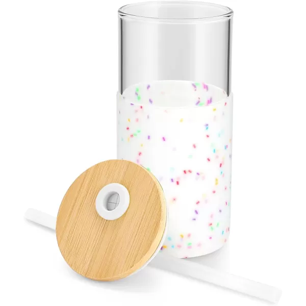 Tronco 16 oz Glass Tumbler with Straw and Bamboo Lid Iced Coffee Cup Reusable Smoothie Cups Tumbler with Silicone Protective Sleeve  BPA FreeColored spots
