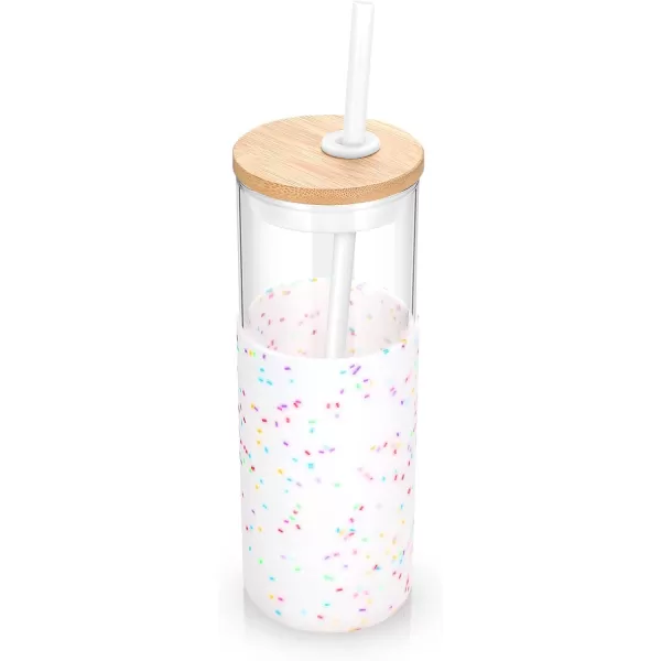 Tronco 16 oz Glass Tumbler with Straw and Bamboo Lid Iced Coffee Cup Reusable Smoothie Cups Tumbler with Silicone Protective Sleeve  BPA FreeColored spots