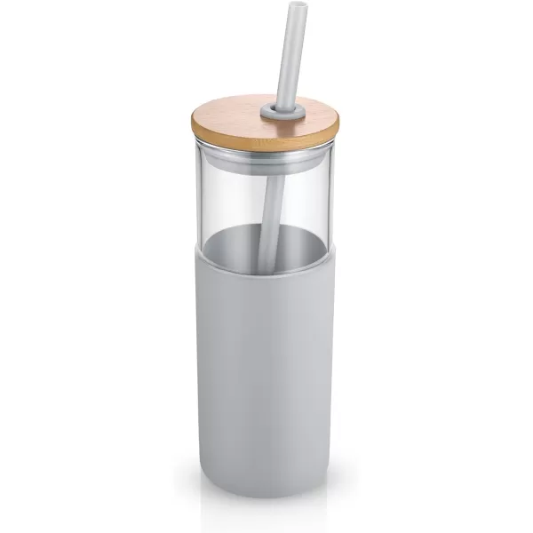 Tronco 16 oz Glass Tumbler with Straw and Bamboo Lid Iced Coffee Cup Reusable Smoothie Cups Tumbler with Silicone Protective Sleeve  BPA FreeFrench Grey