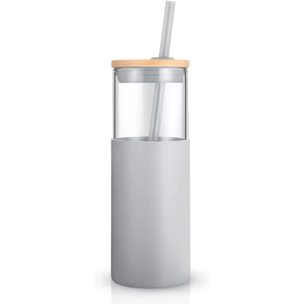 Tronco 16 oz Glass Tumbler with Straw and Bamboo Lid Iced Coffee Cup Reusable Smoothie Cups Tumbler with Silicone Protective Sleeve  BPA FreeFrench Grey