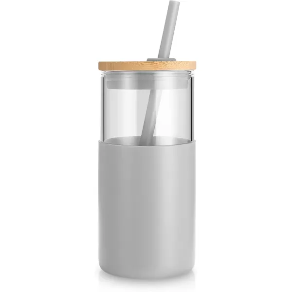 Tronco 16 oz Glass Tumbler with Straw and Bamboo Lid Iced Coffee Cup Reusable Smoothie Cups Tumbler with Silicone Protective Sleeve  BPA FreeFrench Grey