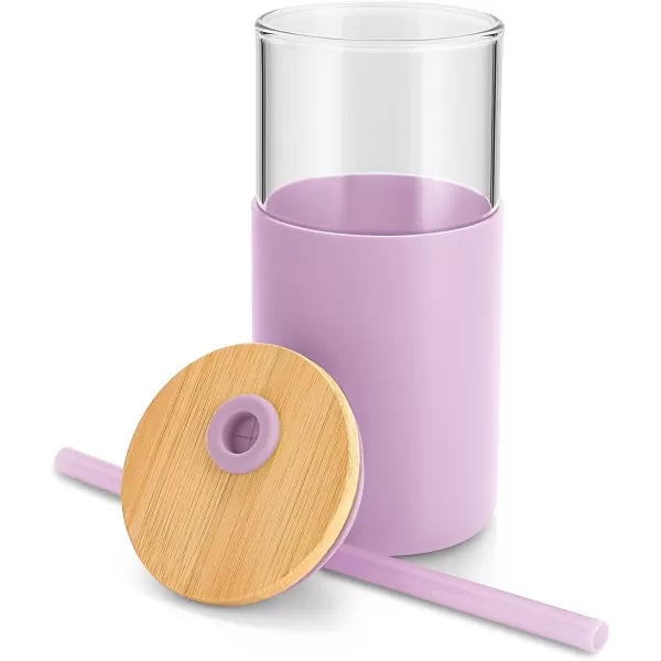 Tronco 16 oz Glass Tumbler with Straw and Bamboo Lid Iced Coffee Cup Reusable Smoothie Cups Tumbler with Silicone Protective Sleeve  BPA FreeLight Purple