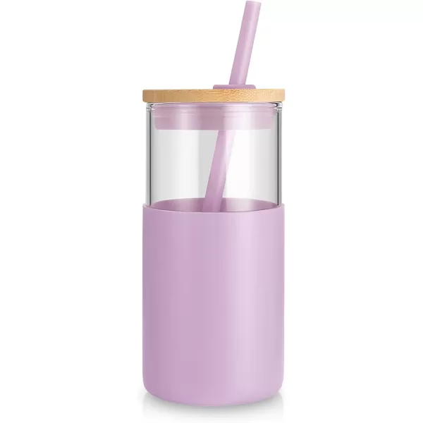 Tronco 16 oz Glass Tumbler with Straw and Bamboo Lid Iced Coffee Cup Reusable Smoothie Cups Tumbler with Silicone Protective Sleeve  BPA FreeLight Purple