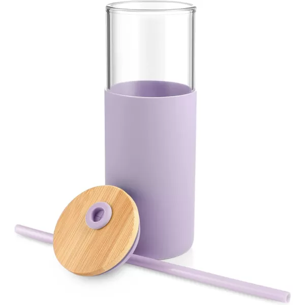 Tronco 16 oz Glass Tumbler with Straw and Bamboo Lid Iced Coffee Cup Reusable Smoothie Cups Tumbler with Silicone Protective Sleeve  BPA FreeLight Purple