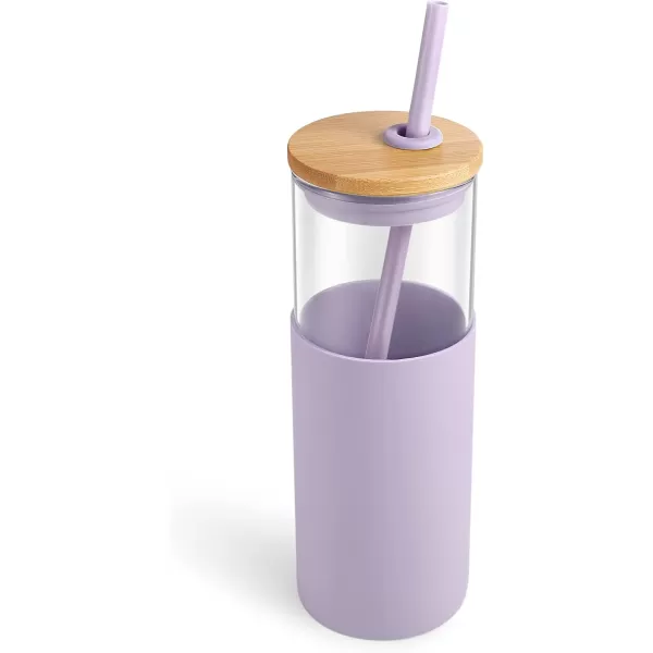 Tronco 16 oz Glass Tumbler with Straw and Bamboo Lid Iced Coffee Cup Reusable Smoothie Cups Tumbler with Silicone Protective Sleeve  BPA FreeLight Purple