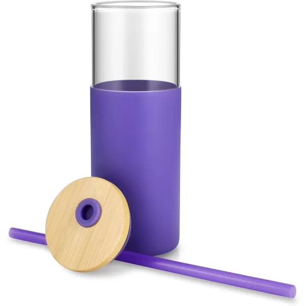 Tronco 16 oz Glass Tumbler with Straw and Bamboo Lid Iced Coffee Cup Reusable Smoothie Cups Tumbler with Silicone Protective Sleeve  BPA FreeLilac