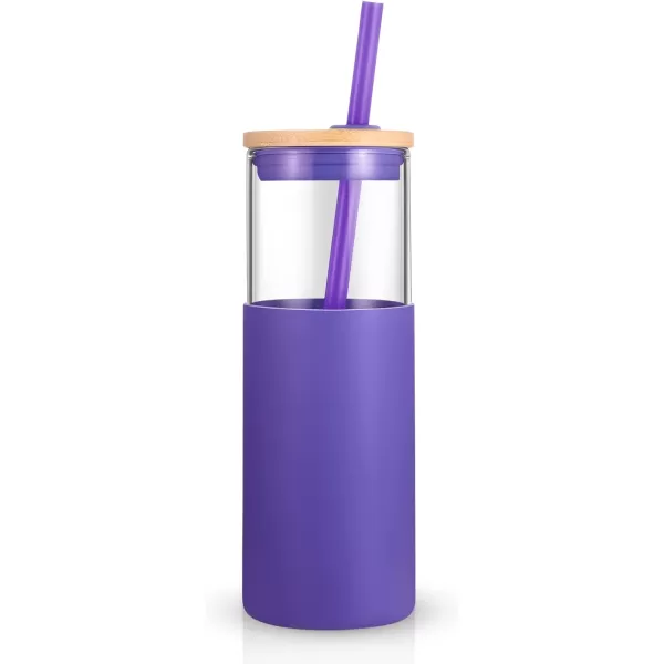 Tronco 16 oz Glass Tumbler with Straw and Bamboo Lid Iced Coffee Cup Reusable Smoothie Cups Tumbler with Silicone Protective Sleeve  BPA FreeLilac
