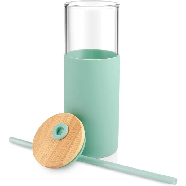 Tronco 16 oz Glass Tumbler with Straw and Bamboo Lid Iced Coffee Cup Reusable Smoothie Cups Tumbler with Silicone Protective Sleeve  BPA FreeMidnight Green