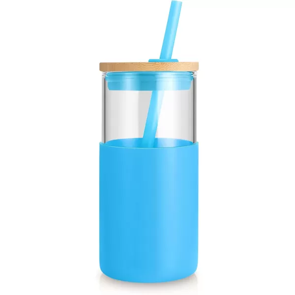 Tronco 16 oz Glass Tumbler with Straw and Bamboo Lid Iced Coffee Cup Reusable Smoothie Cups Tumbler with Silicone Protective Sleeve  BPA FreeOf Coral Blue