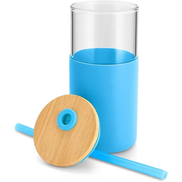 Tronco 16 oz Glass Tumbler with Straw and Bamboo Lid Iced Coffee Cup Reusable Smoothie Cups Tumbler with Silicone Protective Sleeve  BPA FreeOf Coral Blue