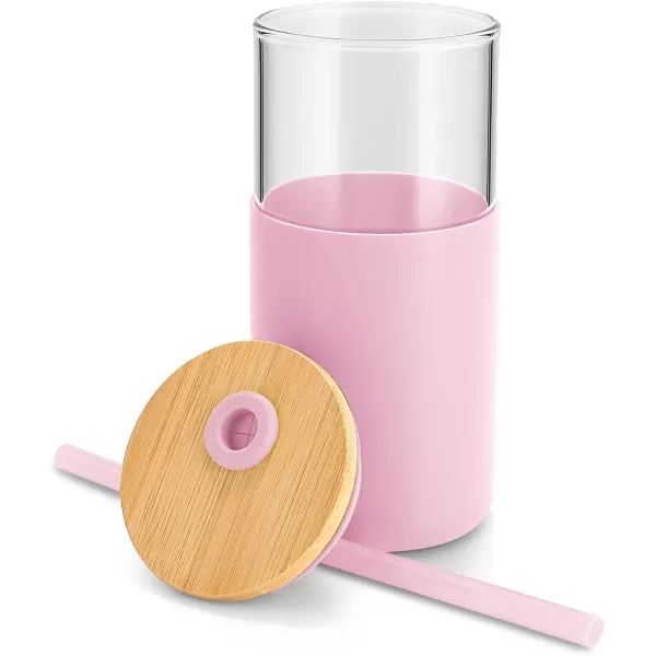 Tronco 16 oz Glass Tumbler with Straw and Bamboo Lid Iced Coffee Cup Reusable Smoothie Cups Tumbler with Silicone Protective Sleeve  BPA FreePink