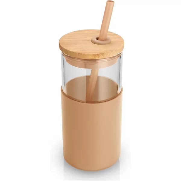 Tronco 16 oz Glass Tumbler with Straw and Bamboo Lid Iced Coffee Cup Reusable Smoothie Cups Tumbler with Silicone Protective Sleeve  BPA FreePink Amber2 Pack