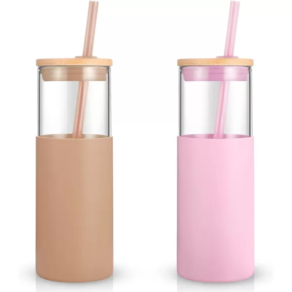 Tronco 16 oz Glass Tumbler with Straw and Bamboo Lid Iced Coffee Cup Reusable Smoothie Cups Tumbler with Silicone Protective Sleeve  BPA FreePink Amber2 Pack
