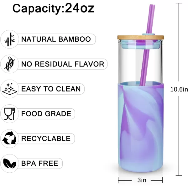 Tronco 16 oz Glass Tumbler with Straw and Bamboo Lid Iced Coffee Cup Reusable Smoothie Cups Tumbler with Silicone Protective Sleeve  BPA FreePurple blue