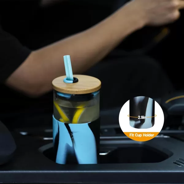 Tronco 16 oz Glass Tumbler with Straw and Bamboo Lid Iced Coffee Cup Reusable Smoothie Cups Tumbler with Silicone Protective Sleeve  BPA FreePurple blue