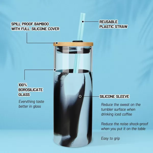 Tronco 16 oz Glass Tumbler with Straw and Bamboo Lid Iced Coffee Cup Reusable Smoothie Cups Tumbler with Silicone Protective Sleeve  BPA FreePurple blue