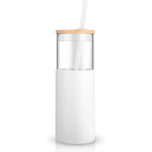 Tronco 16 oz Glass Tumbler with Straw and Bamboo Lid Iced Coffee Cup Reusable Smoothie Cups Tumbler with Silicone Protective Sleeve  BPA FreeWhite