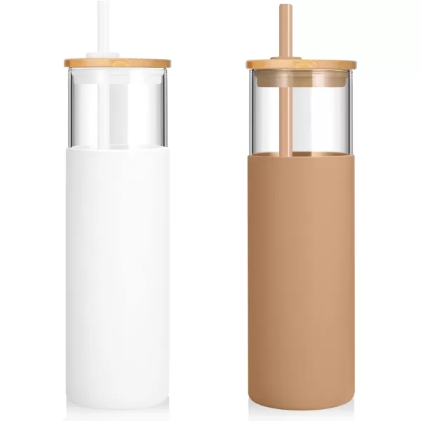 Tronco 16 oz Glass Tumbler with Straw and Bamboo Lid Iced Coffee Cup Reusable Smoothie Cups Tumbler with Silicone Protective Sleeve  BPA FreeWhite Amber