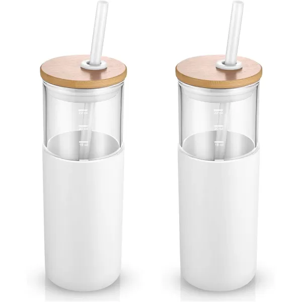 Tronco 16 oz Glass Tumbler with Straw and Bamboo Lid Iced Coffee Cup Reusable Smoothie Cups Tumbler with Silicone Protective Sleeve  BPA FreeWhite2 Pack