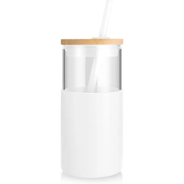 Tronco 16 oz Glass Tumbler with Straw and Bamboo Lid Iced Coffee Cup Reusable Smoothie Cups Tumbler with Silicone Protective Sleeve  BPA FreeWhite2 Pack
